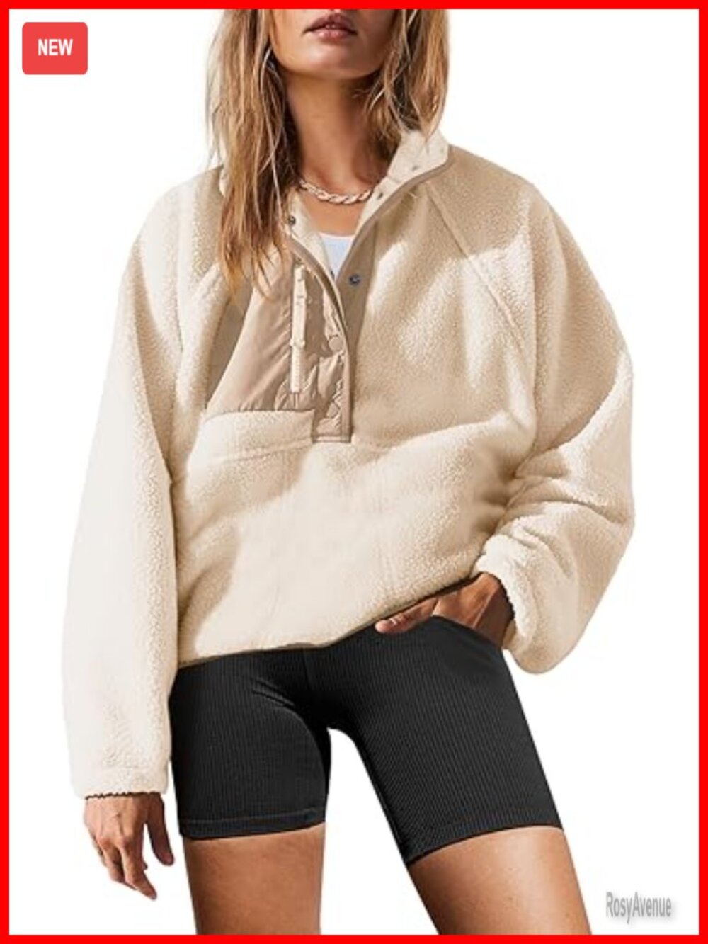 Sherpa Fleece Pullover Sweatshirt Button Down Zip Pockets